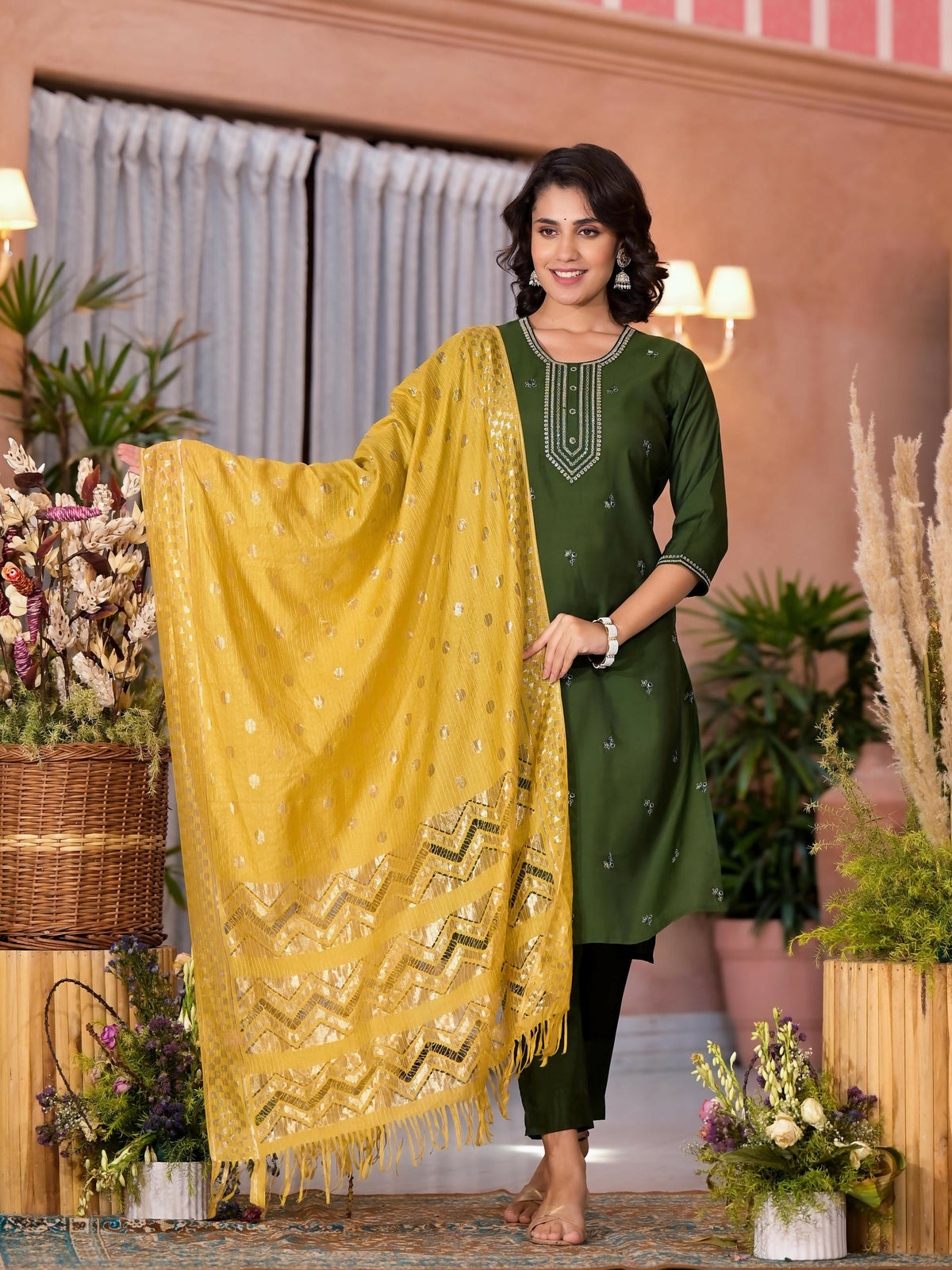Juniper Women's Green Zari Embroidered Viscose Kurta Pant And Dupatta Set With Tassels On Dupatta | Grocsy