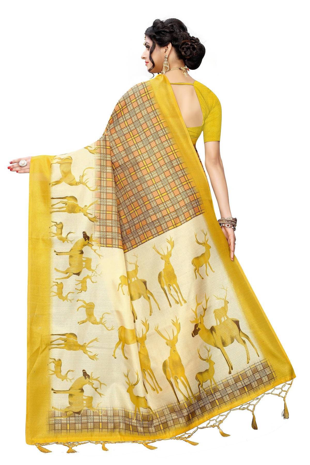 Vamika Multicolor & Yellow Kalamkari With Jhalar Khadi Silk Saree | Grocsy