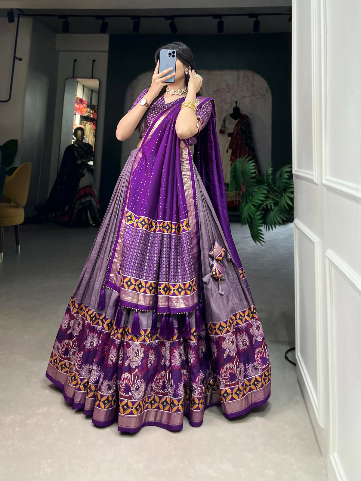 Vastranavya Floral Print With Foil Print Tussar Silk Lehenga with Unstitched Blouse - Purple | Grocsy