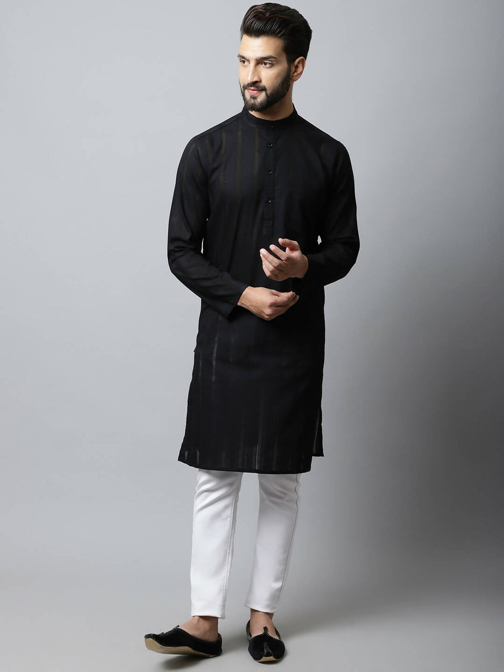 Even Apparels Black Color Pure Cotton Men's Kurta With Band Collar (STR1188) | Grocsy