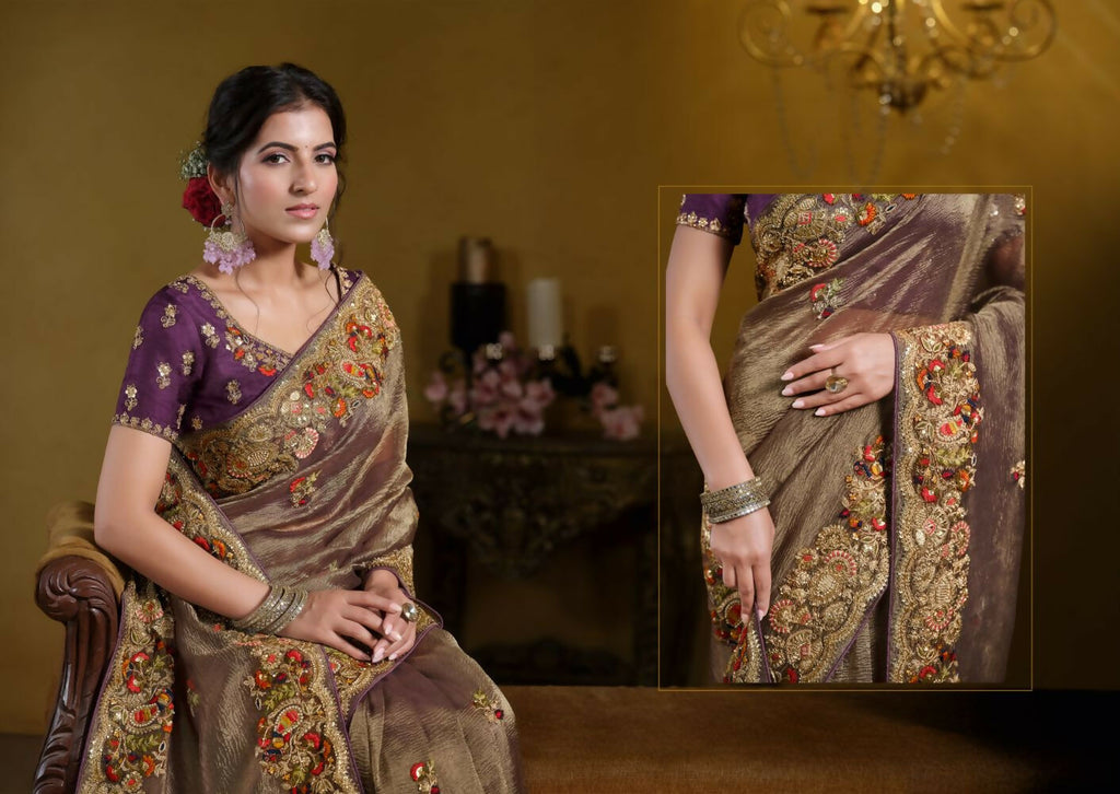 Wine Pure Banarasi Crush Pure Khatli work Designer Saree With Blouse. - Rajasvi | Grocsy