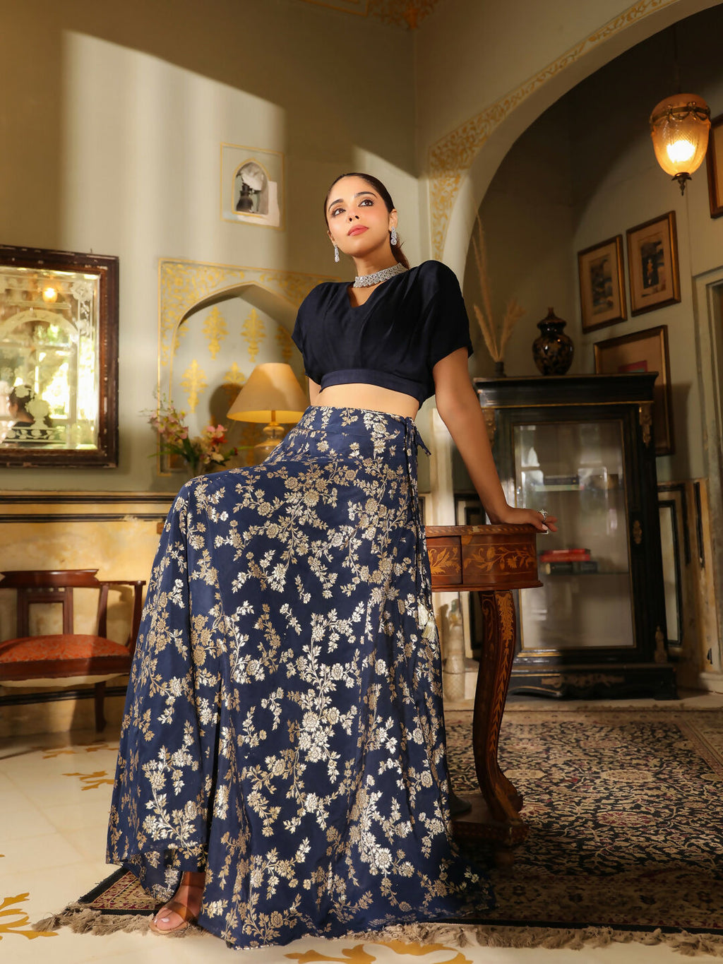 Janasya Navy Blue Silk Blend Solid Lehenga Choli | Grocsy