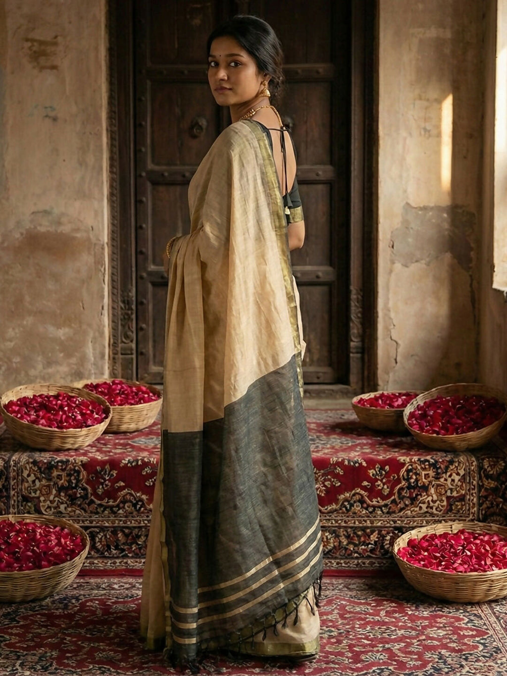 Shree Shyam Fashion Beige Cotton Saree | Grocsy
