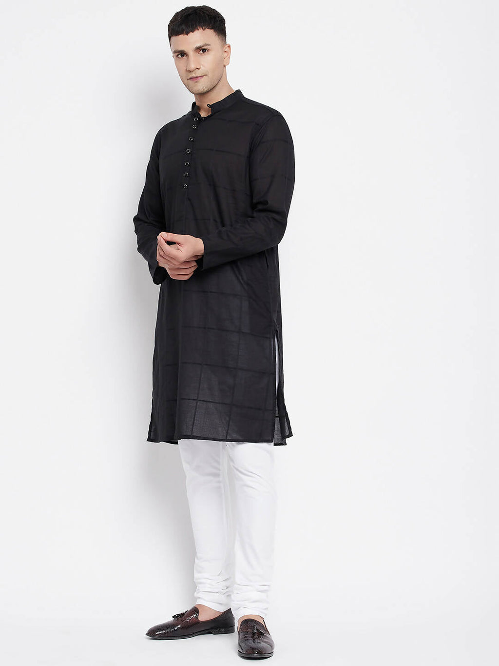Even Apparels Pure Cotton Men's Kurta in Black Color With Band Collar | Grocsy