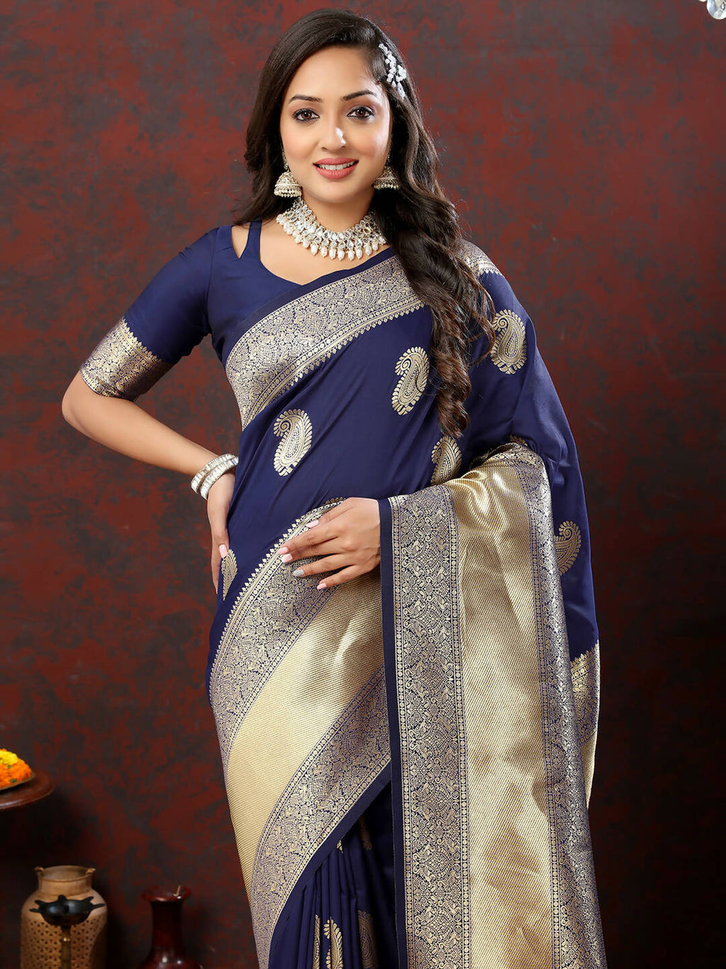 Lorenvalley Fashion Navyblue Soft Silk Woven Design Gold Zari Weaving Saree | Grocsy