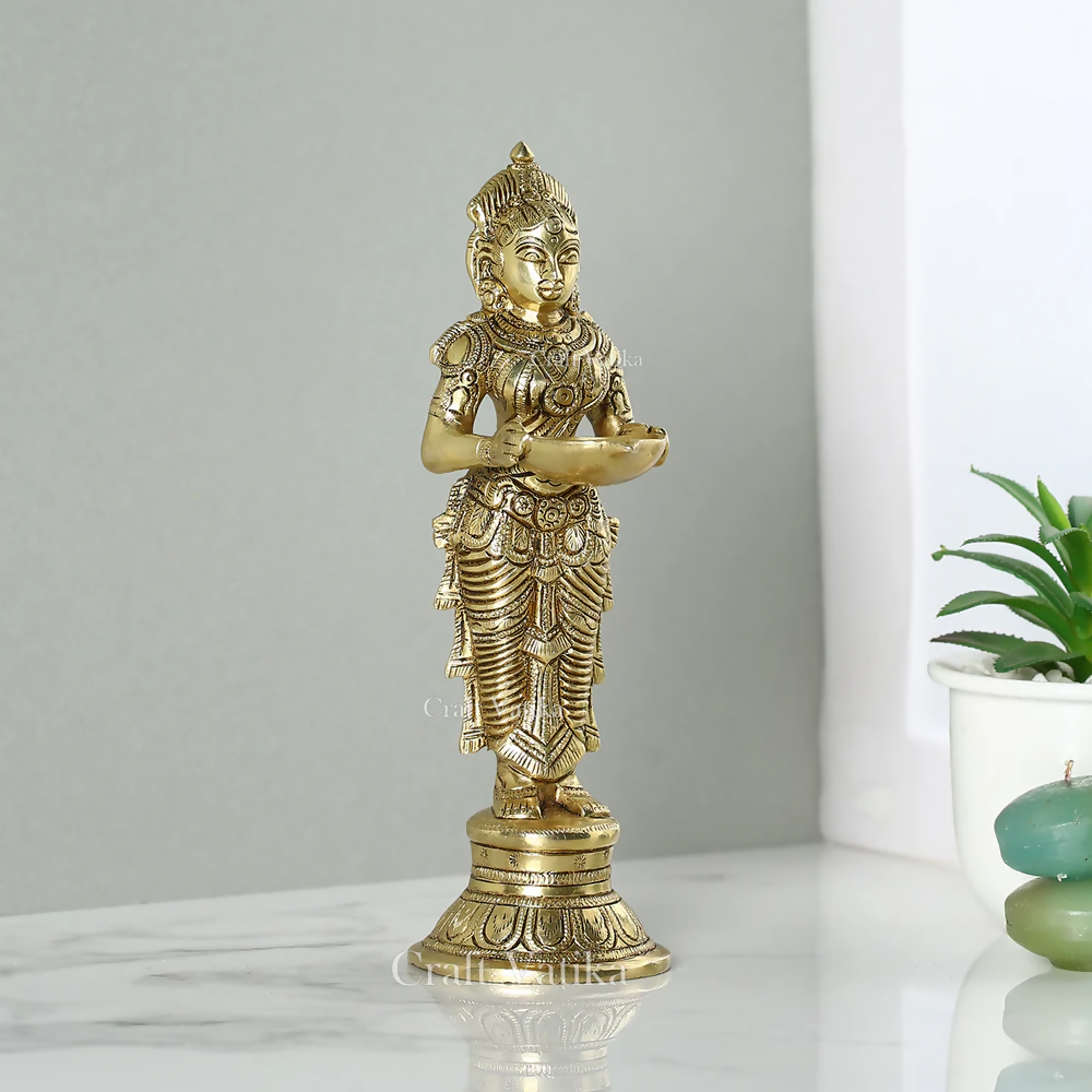 CraftVatika Brass Beautiful Lady Holding Diya Oil Lamp Stand Showpiece | Grocsy