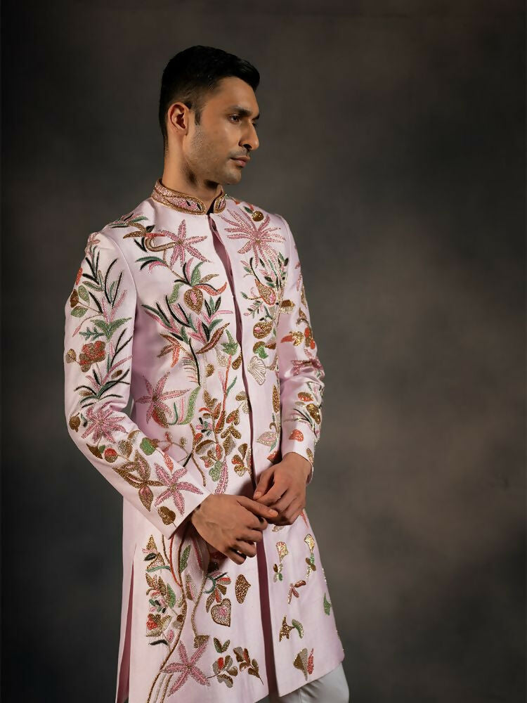 Pink Hand Embroidered Indowestern Sherwani by Hilo Design | Grocsy