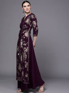 Ahalyaa Women Burgundy Floral Fit & Flare Maxi Ethnic Dress | Grocsy