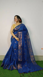Exclusive Collection Beautiful Blue Cotton Silk Woven Handloom Saree With Running Blouse Piece | Grocsy