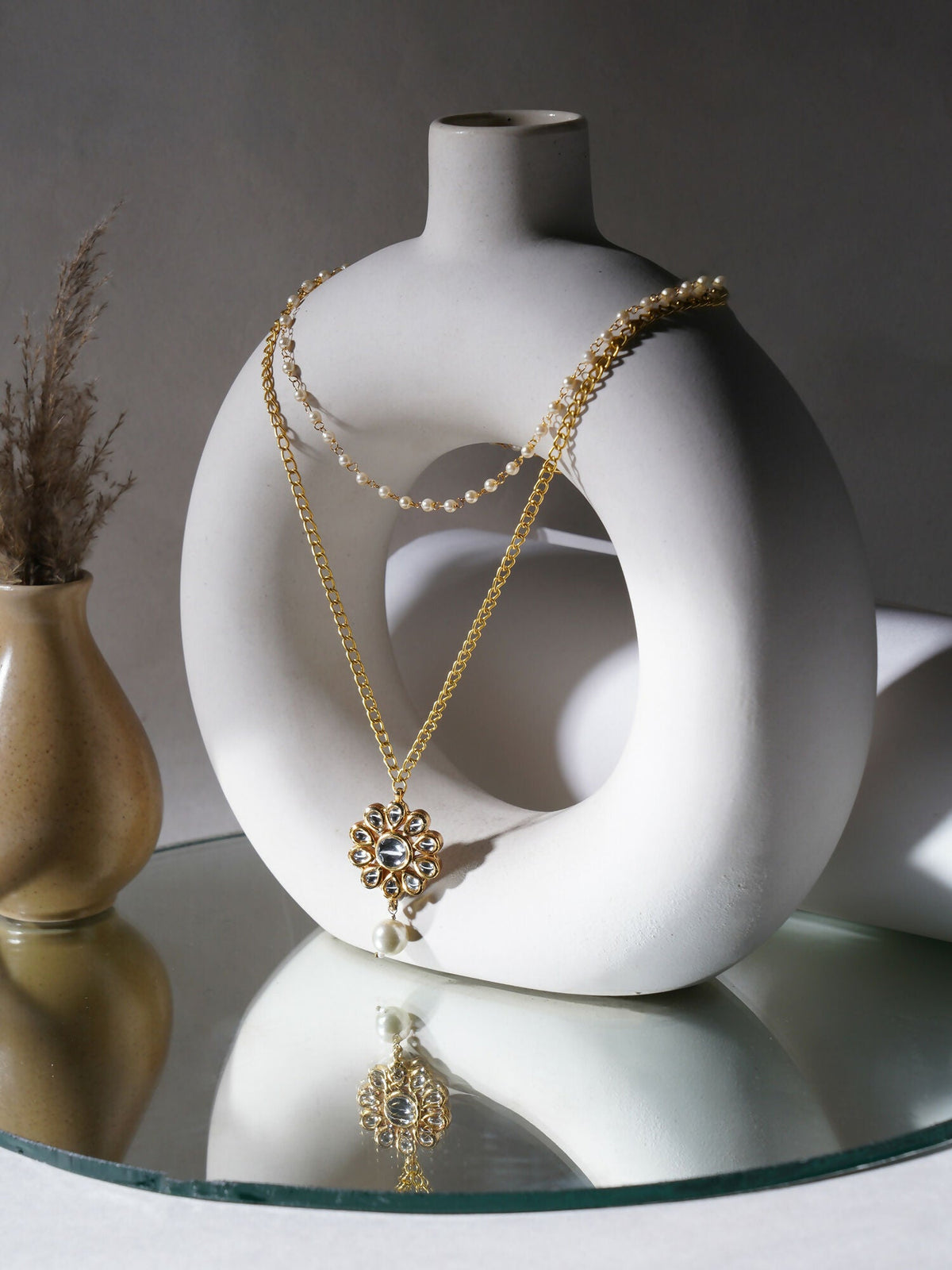 Layered Kundan and Pearl Gold Neckpiece (gold) - Ruby Raang | Grocsy
