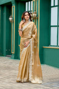 Vastranavya Beige Embroidery Work Shimmer Chiffon Saree with Unstitched Blouse | Grocsy