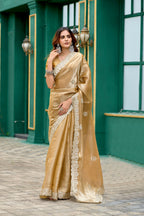 Vastranavya Beige Embroidery Work Shimmer Chiffon Saree with Unstitched Blouse | Grocsy
