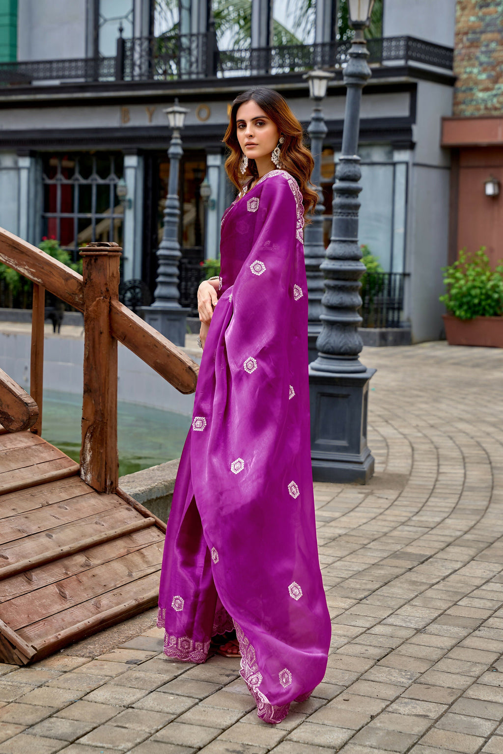Vastranavya Purple Embroidery Work Shimmer Chiffon Saree with Unstitched Blouse | Grocsy