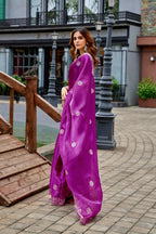 Vastranavya Purple Embroidery Work Shimmer Chiffon Saree with Unstitched Blouse | Grocsy
