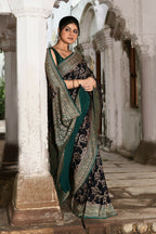 Joban Fashion Navy Blue Crepe Chiffon Pure Handloom Banarasi Silk Saree | Grocsy