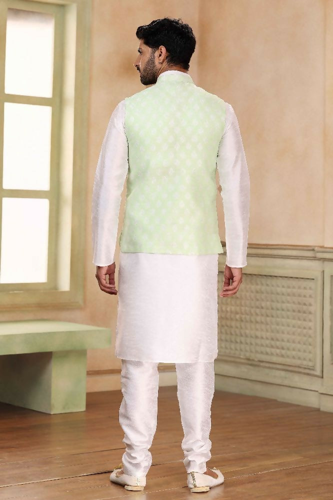 Raivat Ethnic Jacquard Banarasi Silk Woven Work 3 Pics Jacket Set In Pista Green Colour | Grocsy