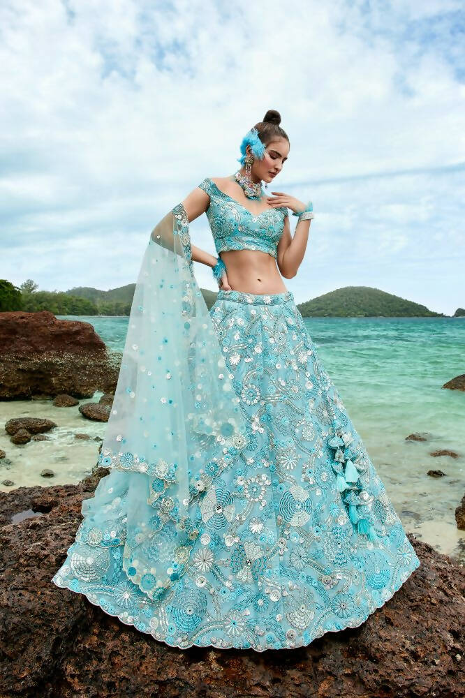 House of Panchhi Sky Blue Organza Sequins, Zarkan And Thread Embroidery Lehenga Choli & Dupatta | Grocsy