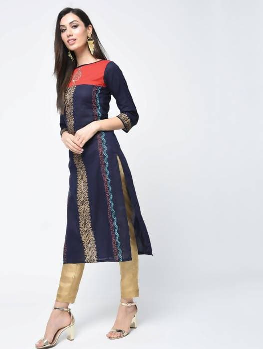 Aniyah Cotton Block Printed Stylish Blue Straight Kurta (AN-121K) | Grocsy