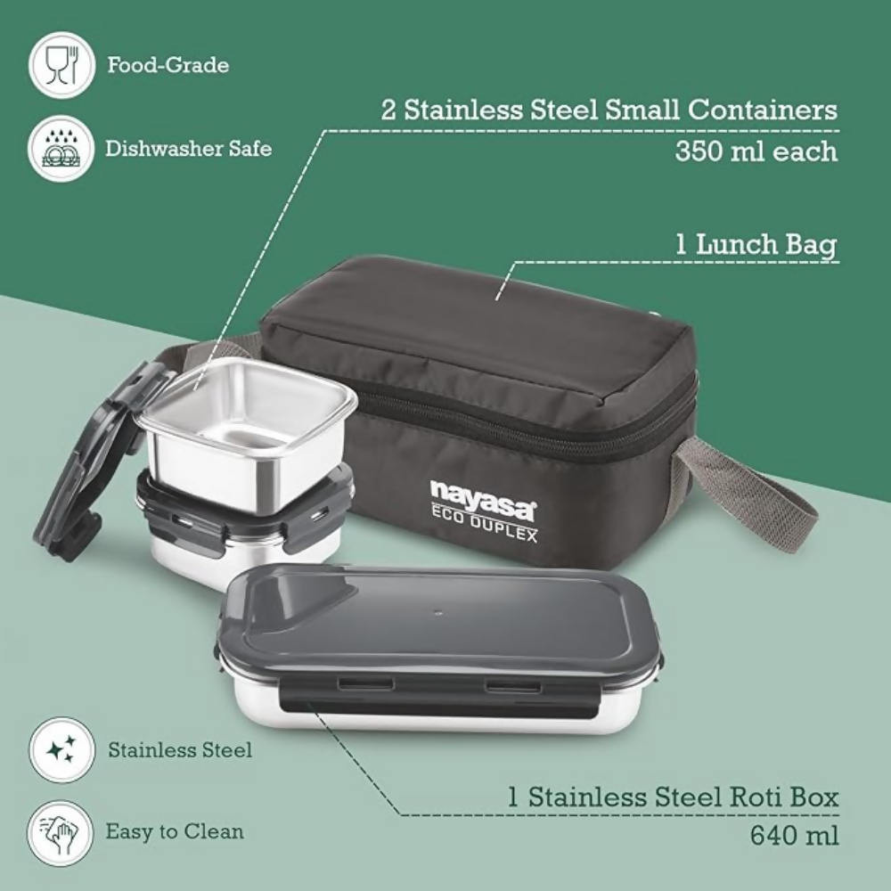 Nayasa Eco Duplex 3 Stainless Steel Office Lunch Box Set with Soft Insulated Bag | Grocsy