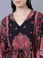 Myshka Peach-Coloured Purple Floral Kaftan Midi Dress | Grocsy