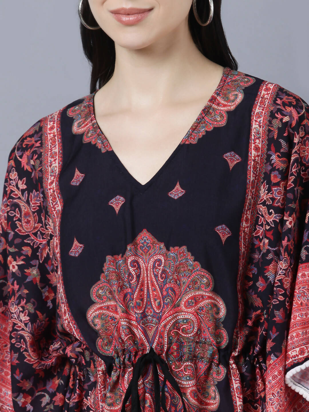 Myshka Peach-Coloured Purple Floral Kaftan Midi Dress | Grocsy