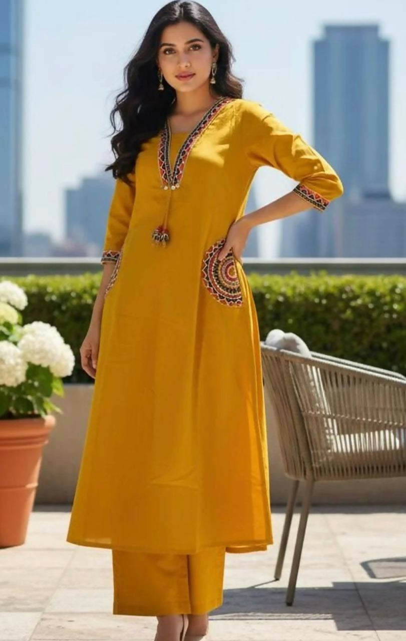 Miravan Womens Yellow Kurta And Palazzo Set | Grocsy