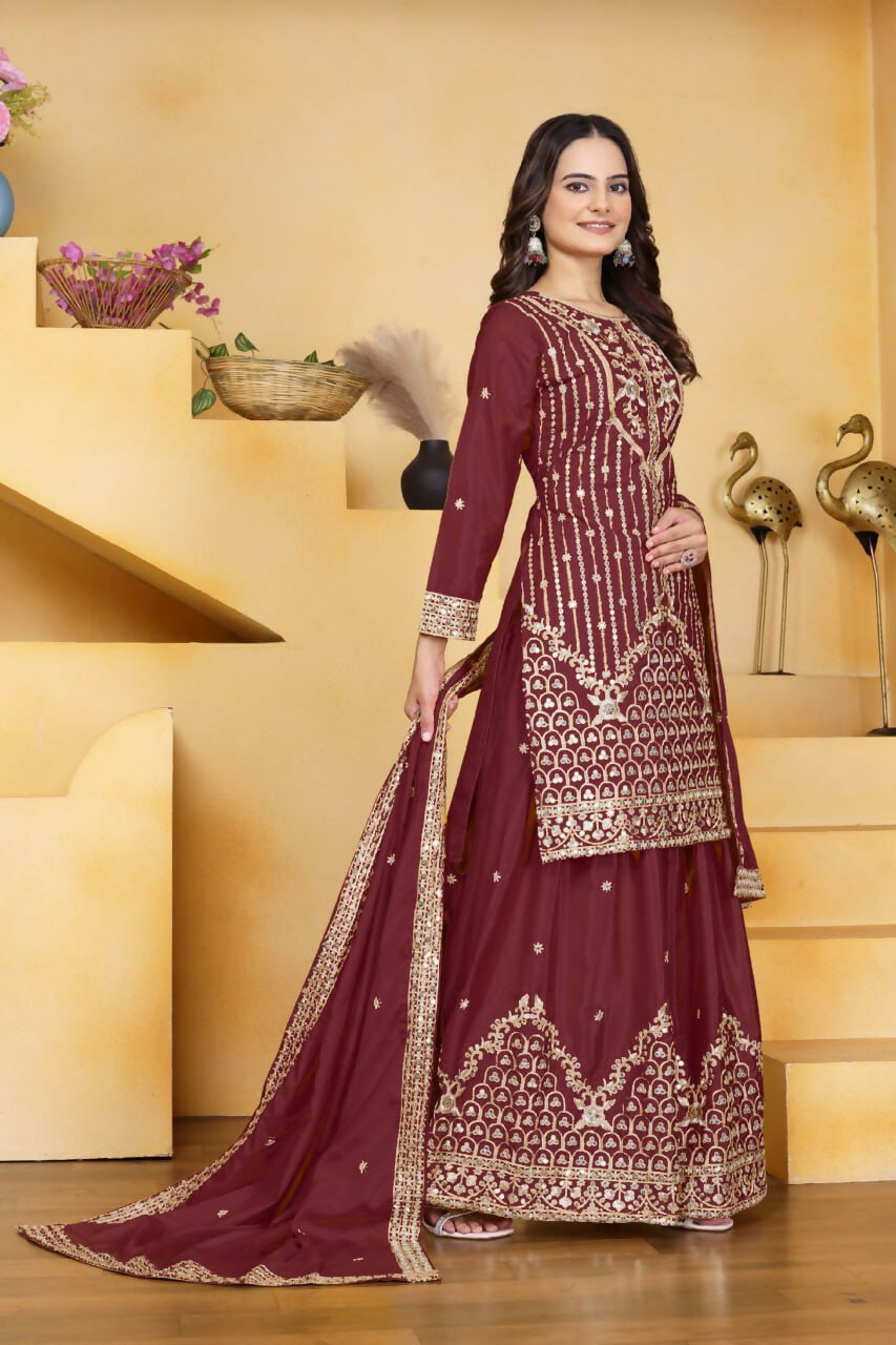 Teeya Creation Maroon Color Natural Crepe Silk Wedding Wear Trending Palazzo Set | Grocsy