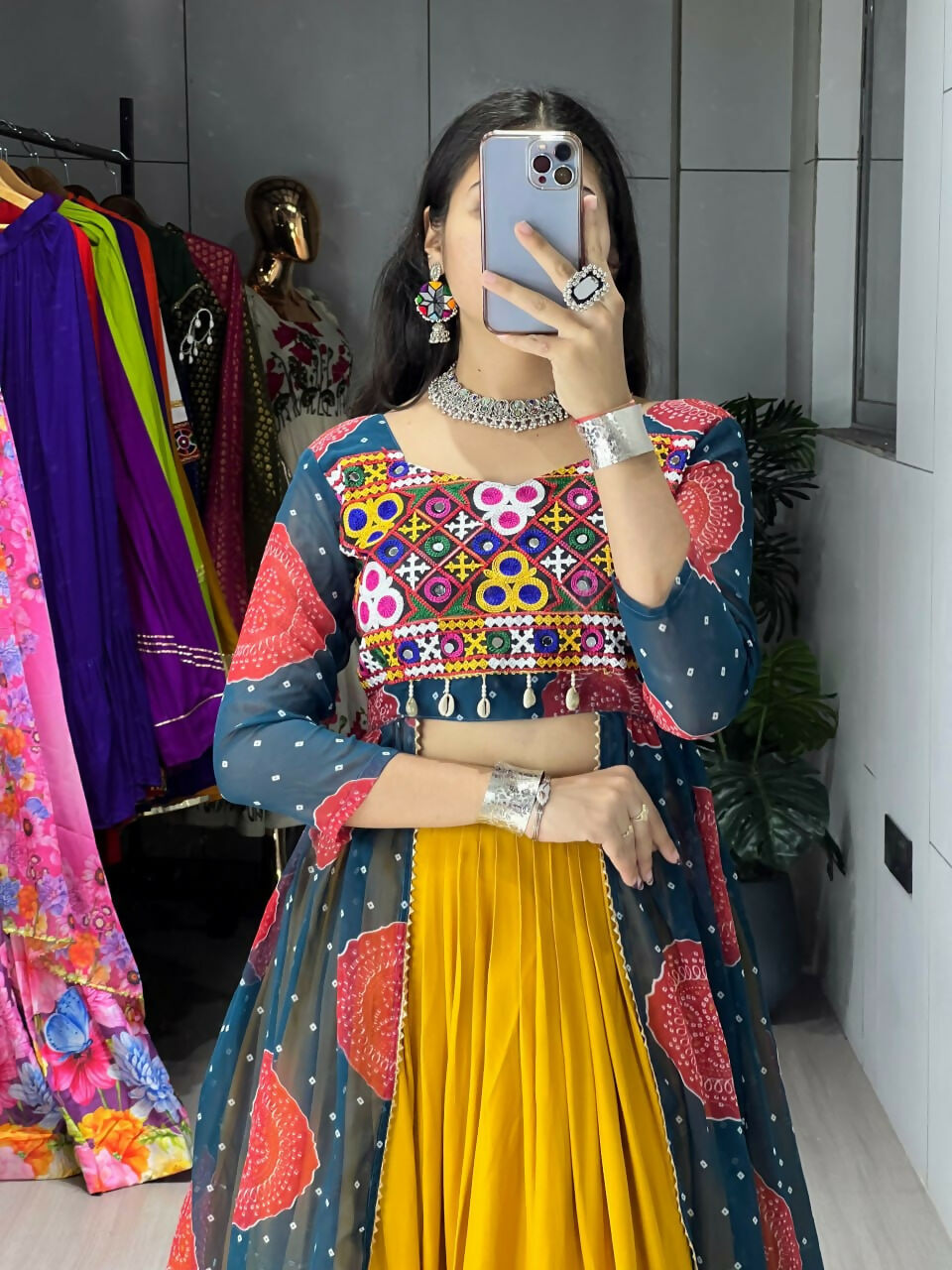 Yash Enterprise Mustard Rama Rayon Cotton Embroidery Semi Stitched Navratri Chaniya Choli | Grocsy