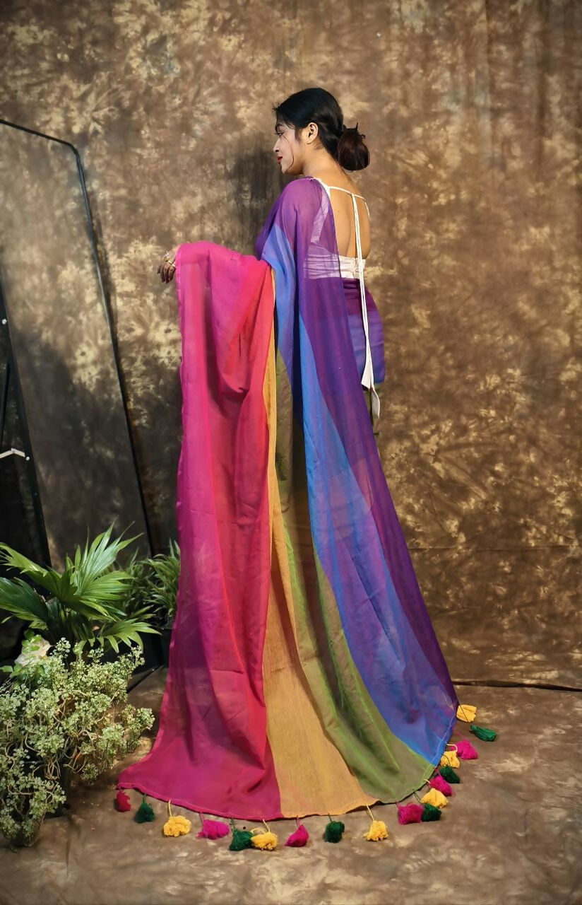 Exclusive Collection Beautiful Multi Pure Cotton Woven Handloom Saree With Running Blouse Piece | Grocsy