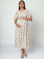 Manet Frill With Sleeves Maternity Dress Floral Print With Concealed Zipper Nursing Access - Cream | Grocsy