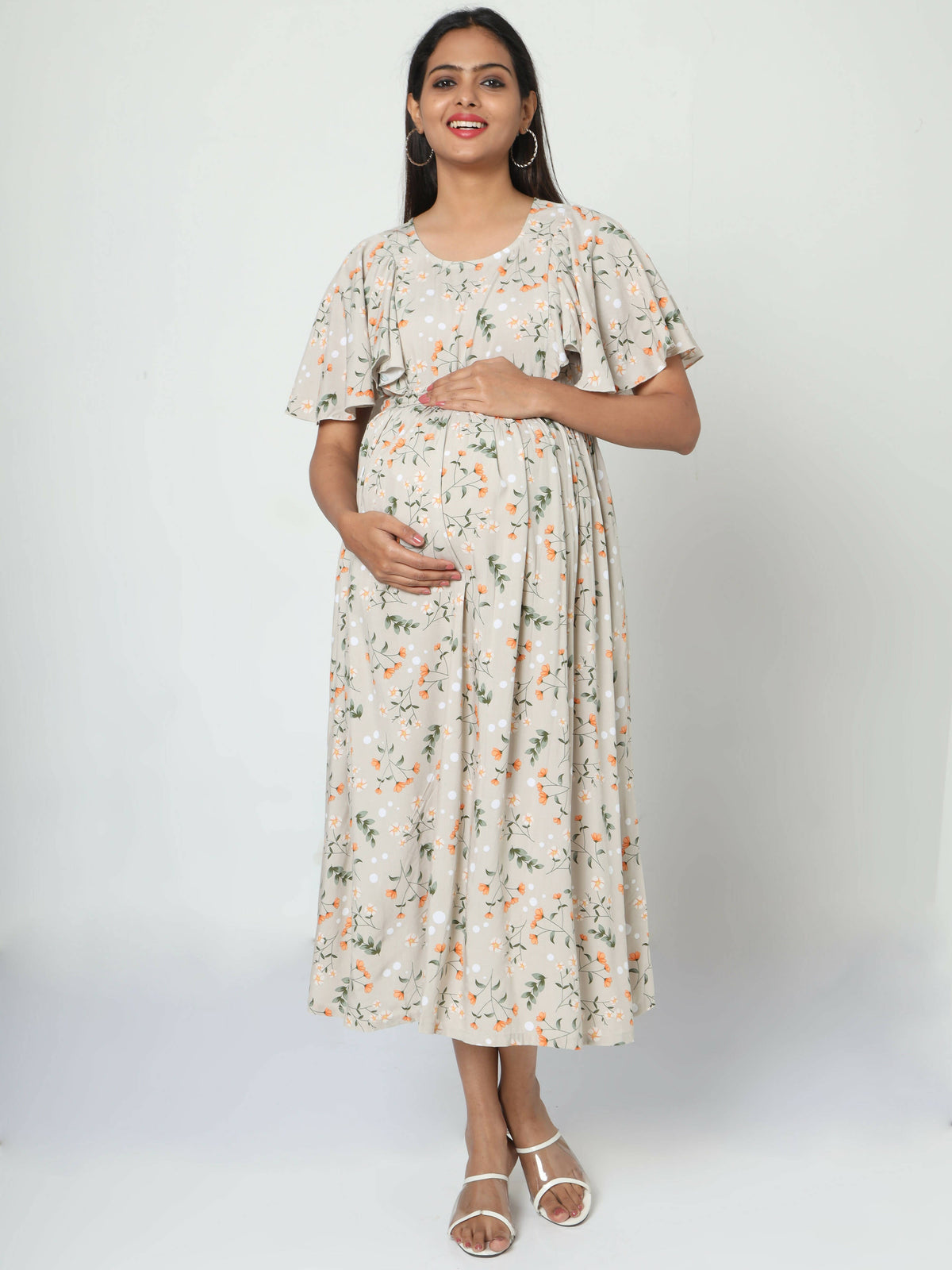 Manet Frill With Sleeves Maternity Dress Floral Print With Concealed Zipper Nursing Access - Cream | Grocsy
