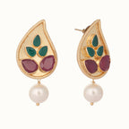 Nuyug 22K Gold Plated Ruby Stone Studded Contemporary Petal Shaped Pearl Drop Stud Earrings | Grocsy
