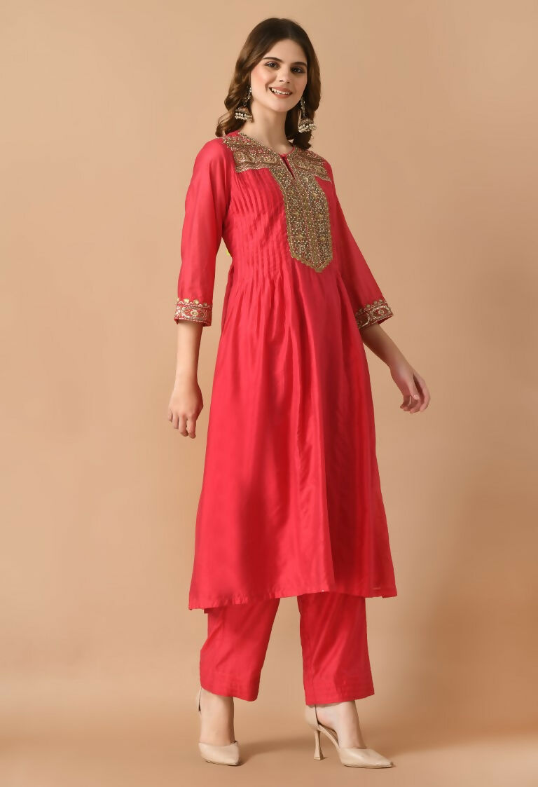 Joban Fashion Red Chanderi Kurta Set | Grocsy