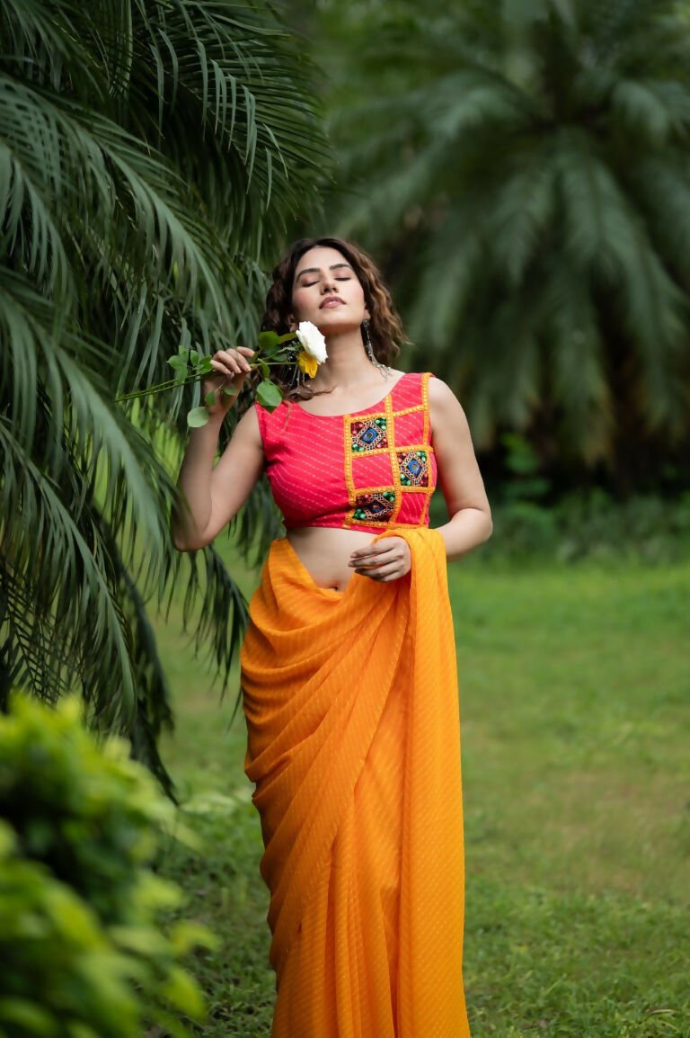 Amodini Designer Studio Women's Coral Chinon Lehriya Sleeveless Blouse | Grocsy