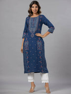 Juniper Women Navy Blue Printed Straight Kurta | Grocsy
