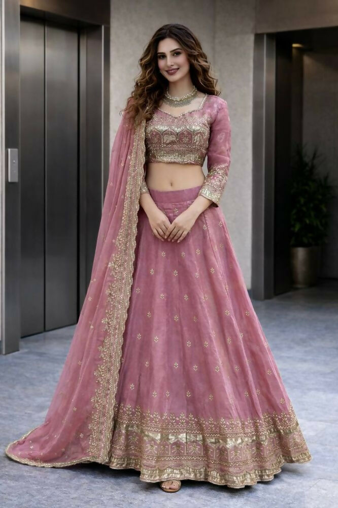 Teeya Creation Pink Color Fendy Satin Heavy Embroidery Work Wedding Wear Stitched Lehenga Choli | Grocsy