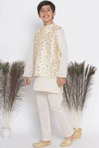 Little Bansi Banarsi Silk Floral Embroidery Jacket with Cotton Kantha kurta and Kantha Pyjama - Cream | Grocsy