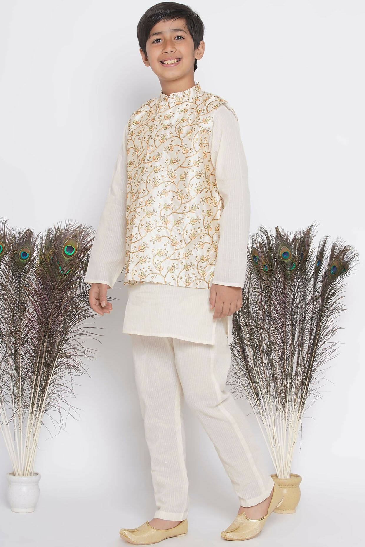 Little Bansi Banarsi Silk Floral Embroidery Jacket with Cotton Kantha kurta and Kantha Pyjama - Cream | Grocsy