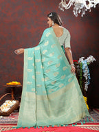 Lorenvalley Fashion Skyblue Cotton Woven Design with Zari Weaving Design Saree | Grocsy