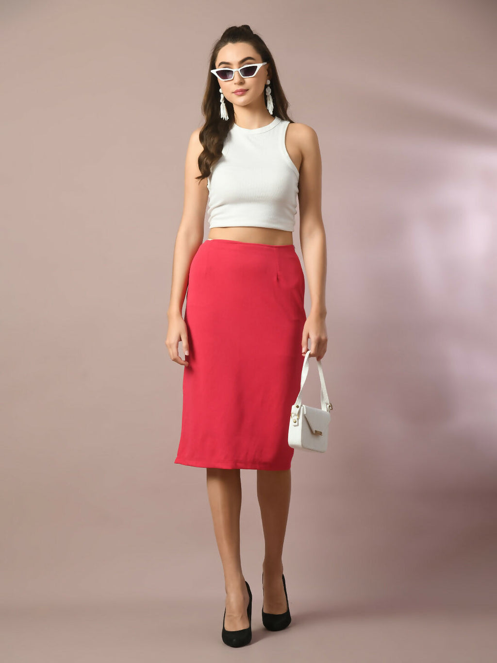 Myshka Women's Pink Solid Knee Length Party Embellished Skirts | Grocsy