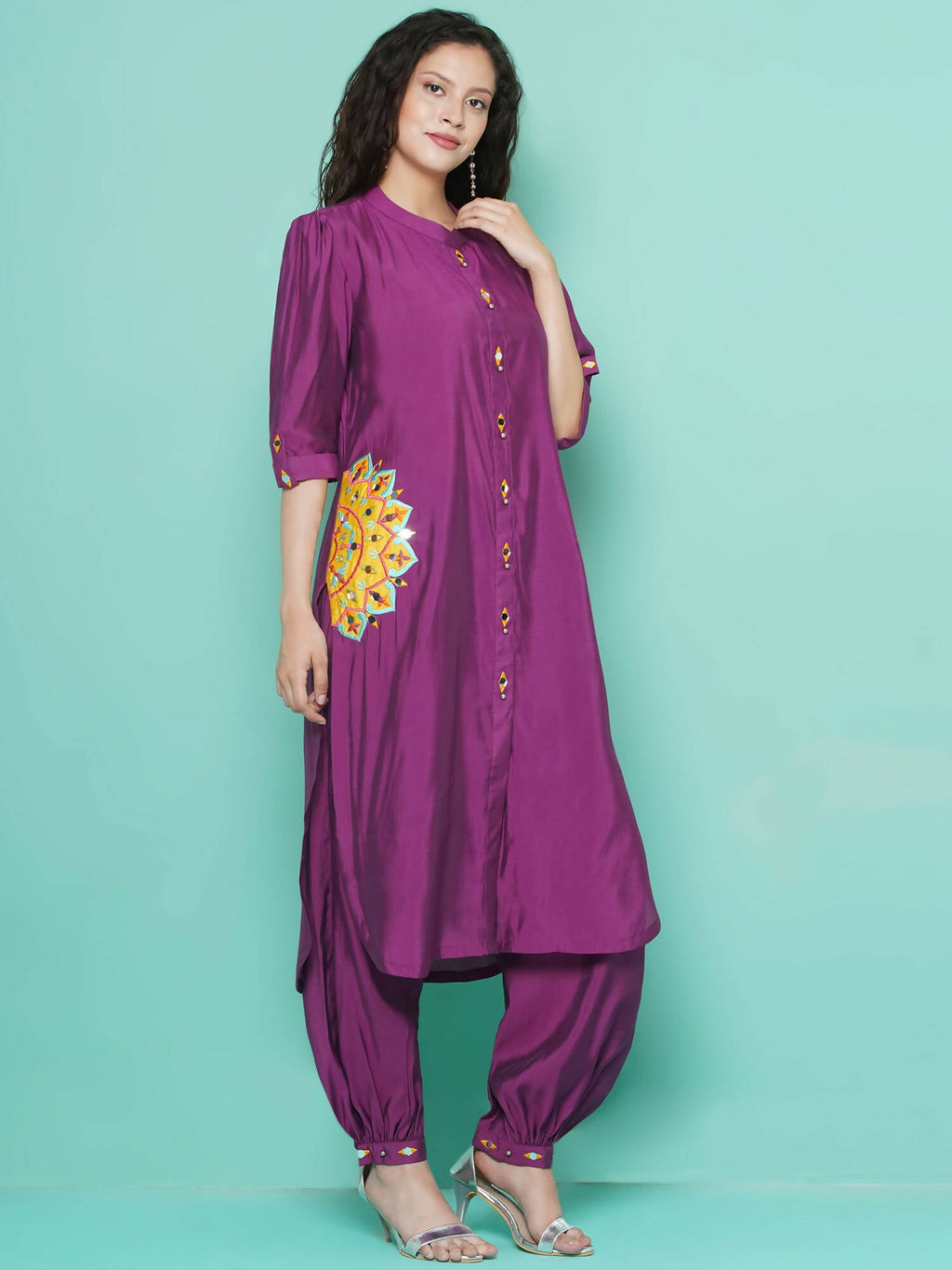 Women Republic Purple Art Silk Embroidered Kurta with Afghani Salwar | Grocsy