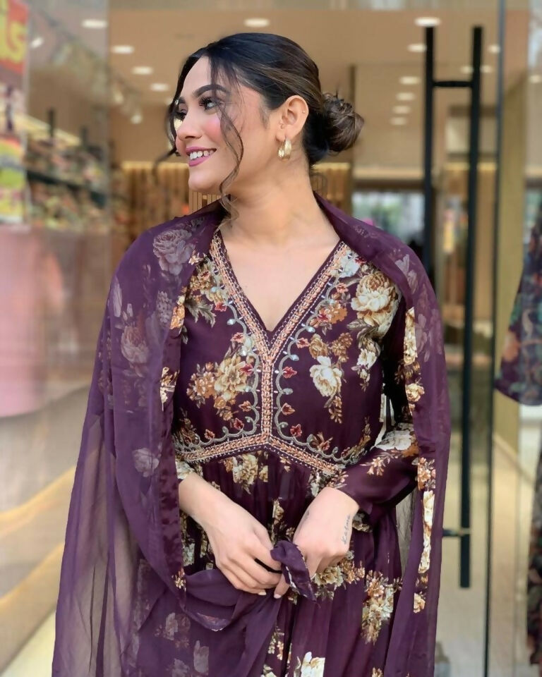Ethnic Festive Wear Georgette Purple Stitched Suit With Dupatta - Tanisha | Grocsy