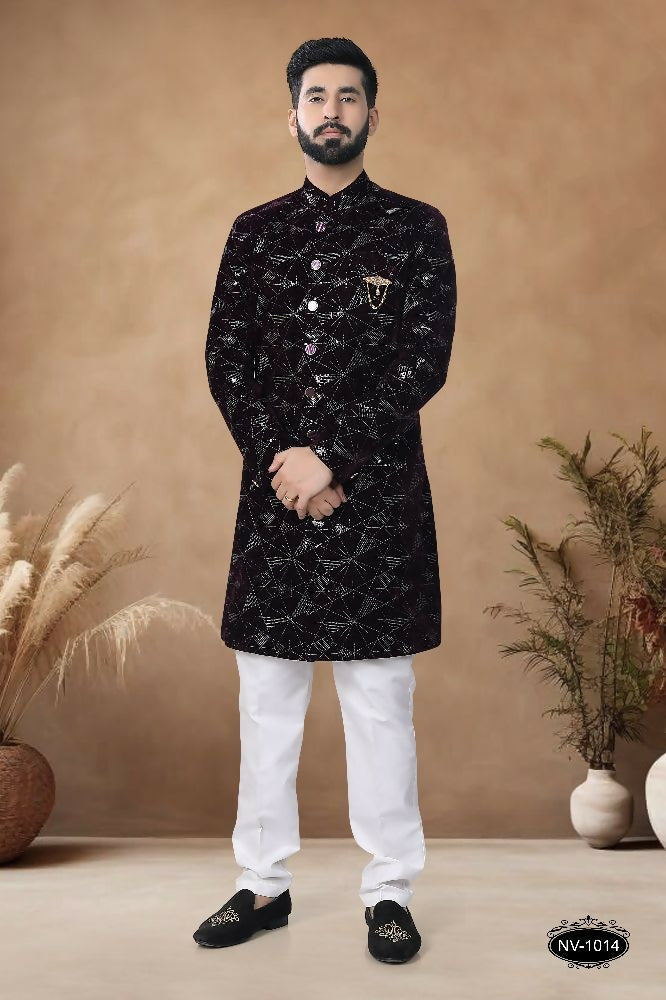 Joban Fashion Men's Wine Straight Velvet Thread & Sequence Embroidery All Over Indo-Western Kurta Set | Grocsy