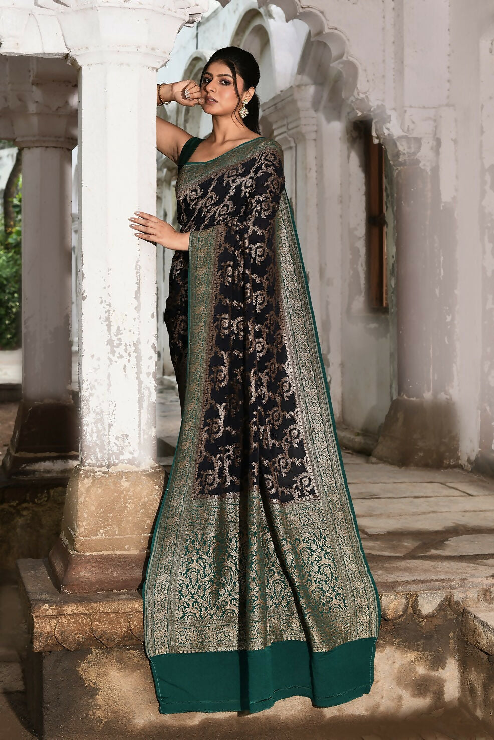 Joban Fashion Navy Blue Crepe Chiffon Pure Handloom Banarasi Silk Saree | Grocsy
