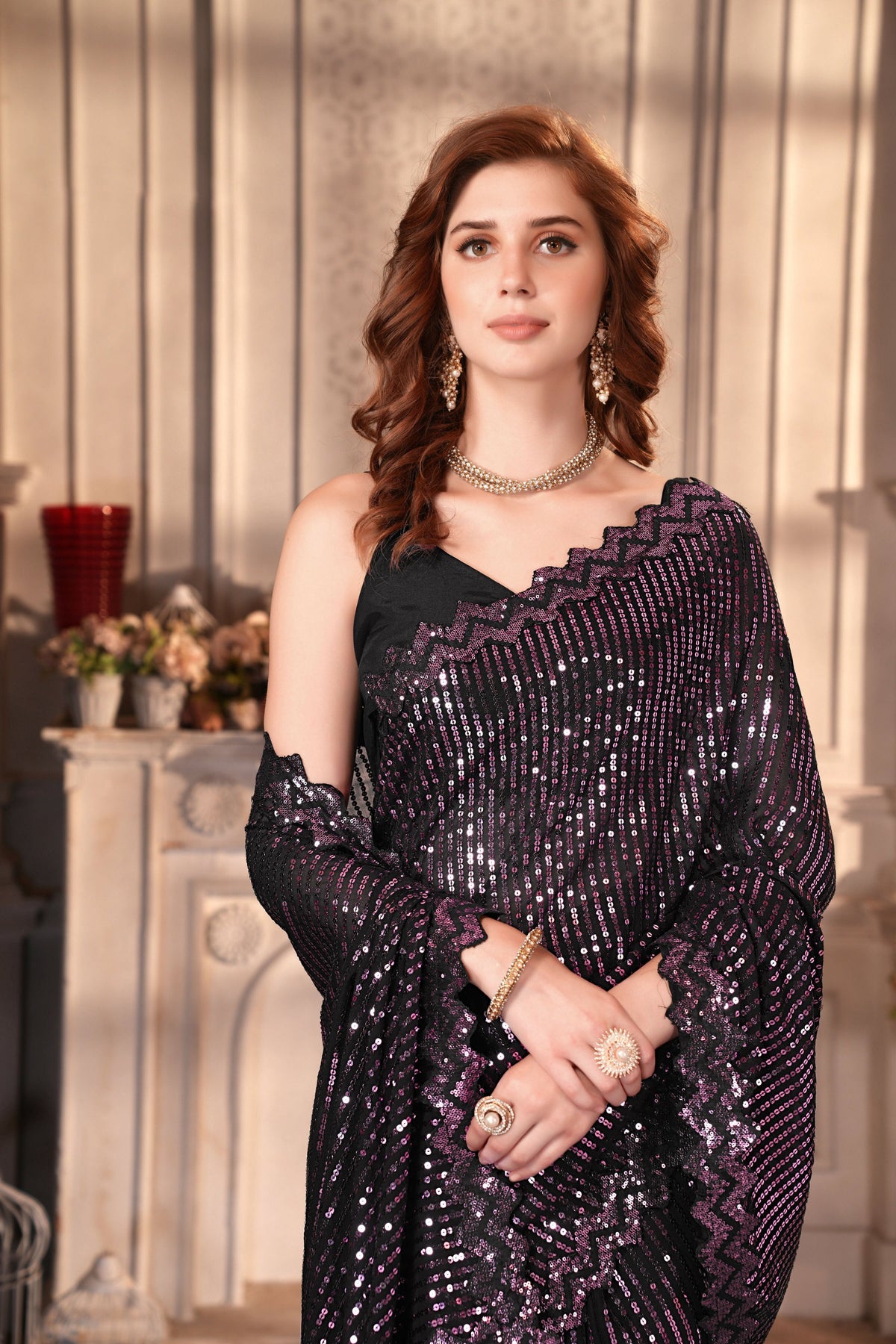 Dishitha Creation Indian Women's Designer Georgette Sequence Saree - Purple | Grocsy