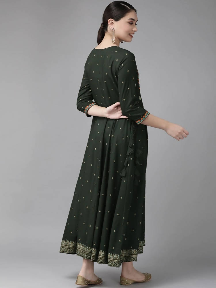 Yufta Women Green & Golden Geometric Print A-Line Maxi Dress with Embroidery Detail | Grocsy