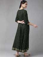 Yufta Women Green & Golden Geometric Print A-Line Maxi Dress with Embroidery Detail | Grocsy