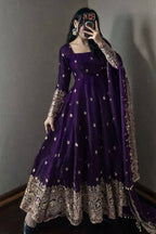 Teeya Creation Purple Fendi Silk Designer Heavy Work Wedding Wear Long Gown | Grocsy
