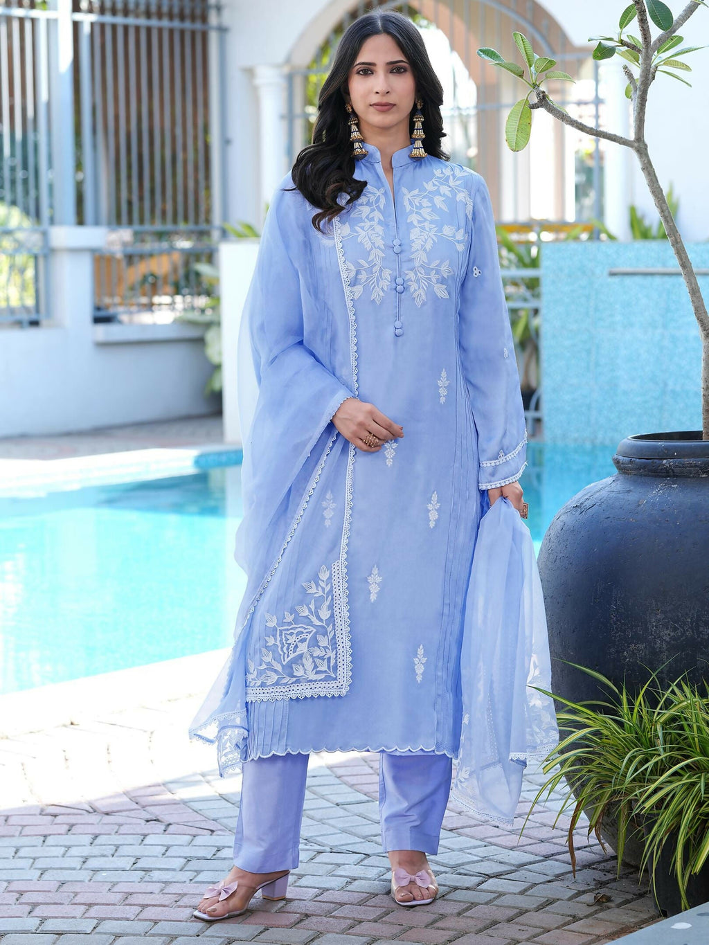 Nikhaar Light Purple Embroidered Modal Silk Stitched Straight Cut Kurta Pants Dupatta Readymade Suit | Grocsy