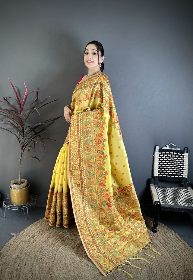 Elora Yellow Pashmina Silk Meenakari Weaving Madhubani Design Kashmiri Saree | Grocsy
